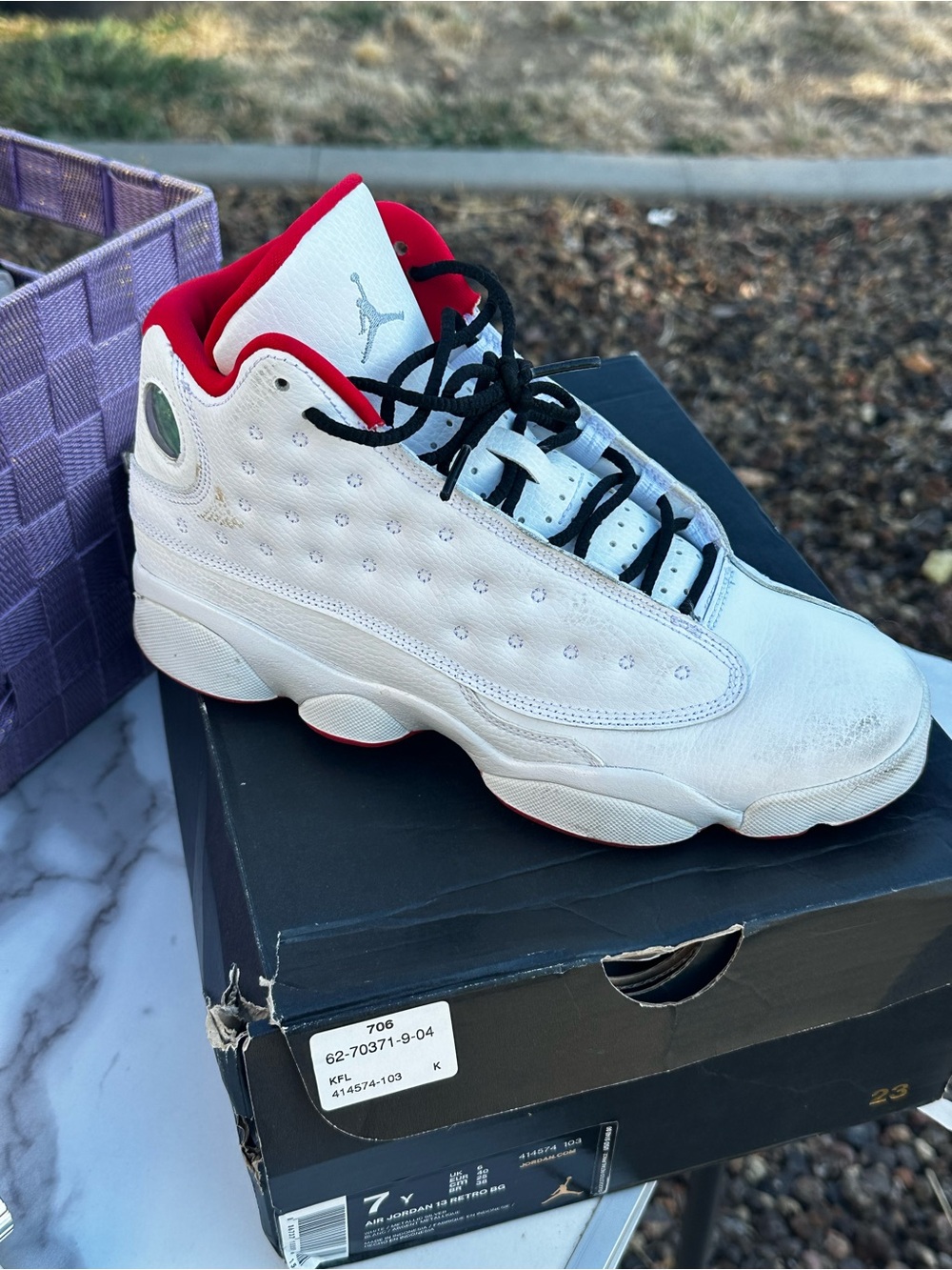 Jordan Kids White/Red Retro High-Top Sneakers. Size 7Y